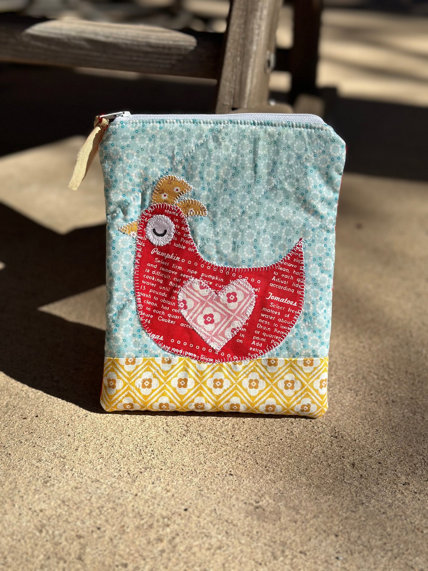 Book Sleeve - QUILTED (Fits Kindle Paperwhite or smaller) - Appliquéd Chicken