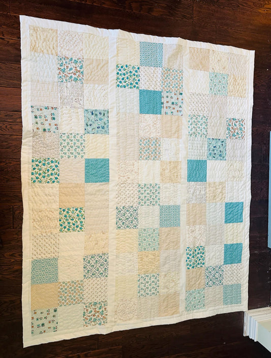 Quilt (Large throw)- White, Cream & Blue Handmade One of a Kind Quilt 59x71" Cotton Low Volume