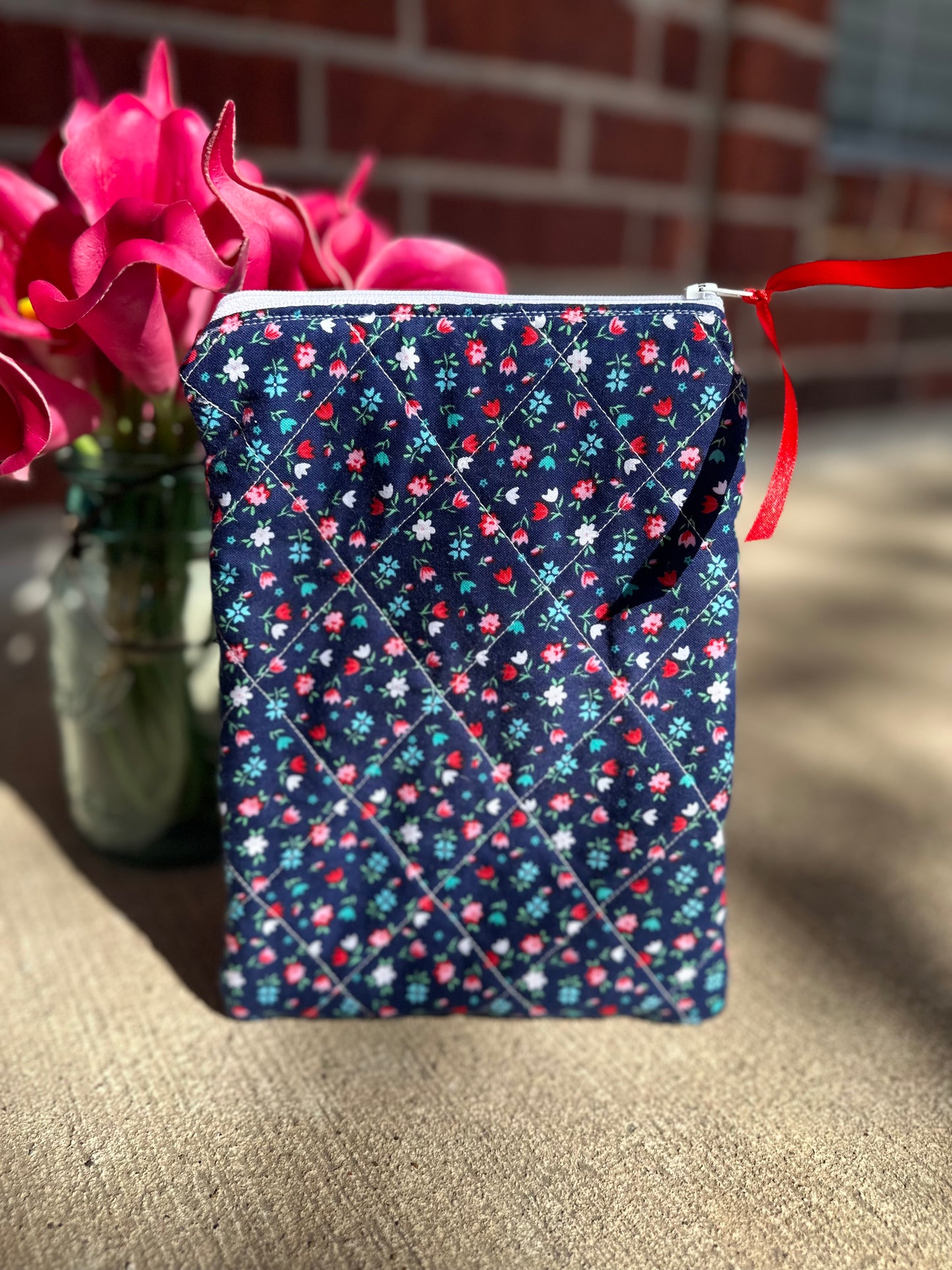 Book/Tablet Sleeve - iPad / Small Paperback- Fits Kindle Paperwhite / iPad mini) Navy Flowers