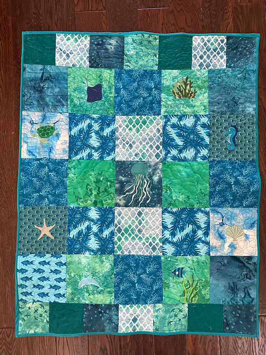 Quilt- Handmade OOAK Lap/Child Size Quilt - Ocean