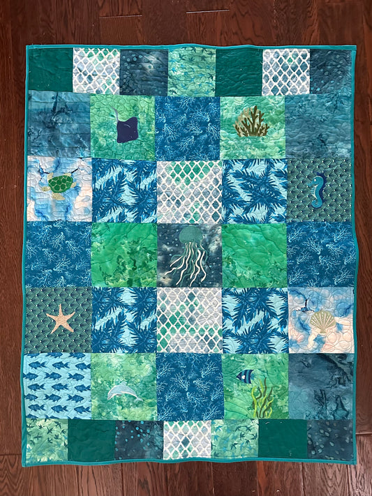 Quilt- Handmade OOAK Lap/Child Size Quilt - Ocean