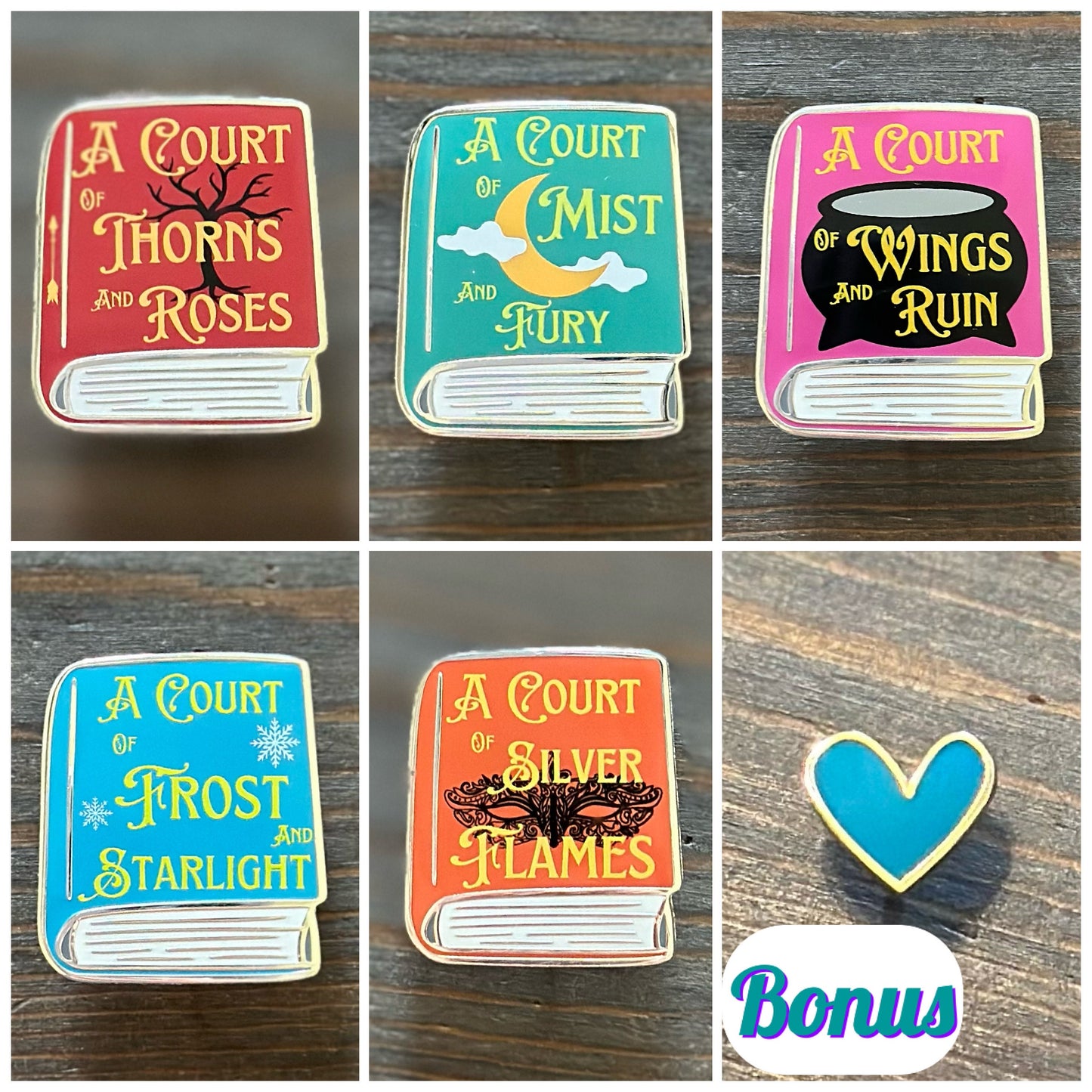 ACOTAR Book Cover Enamel Pins Set (all 5) Includes bonus heart pin! Officially Licensed